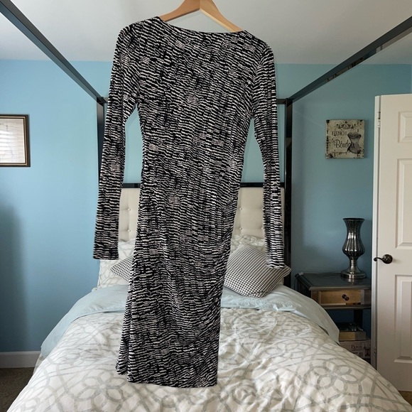 HUGO BOSS Ejay Print Black Fantasy Printed DayDress Boatneck Ruched Bodice Small - Picture 7 of 8